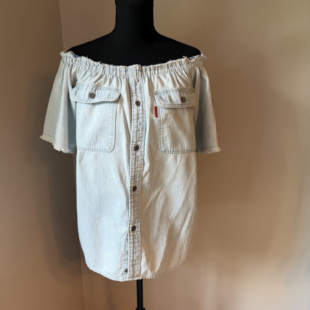 Urban Renewal Big John Off Shoulder Denim Top S/M USA Peasant Boho VTG Fabric